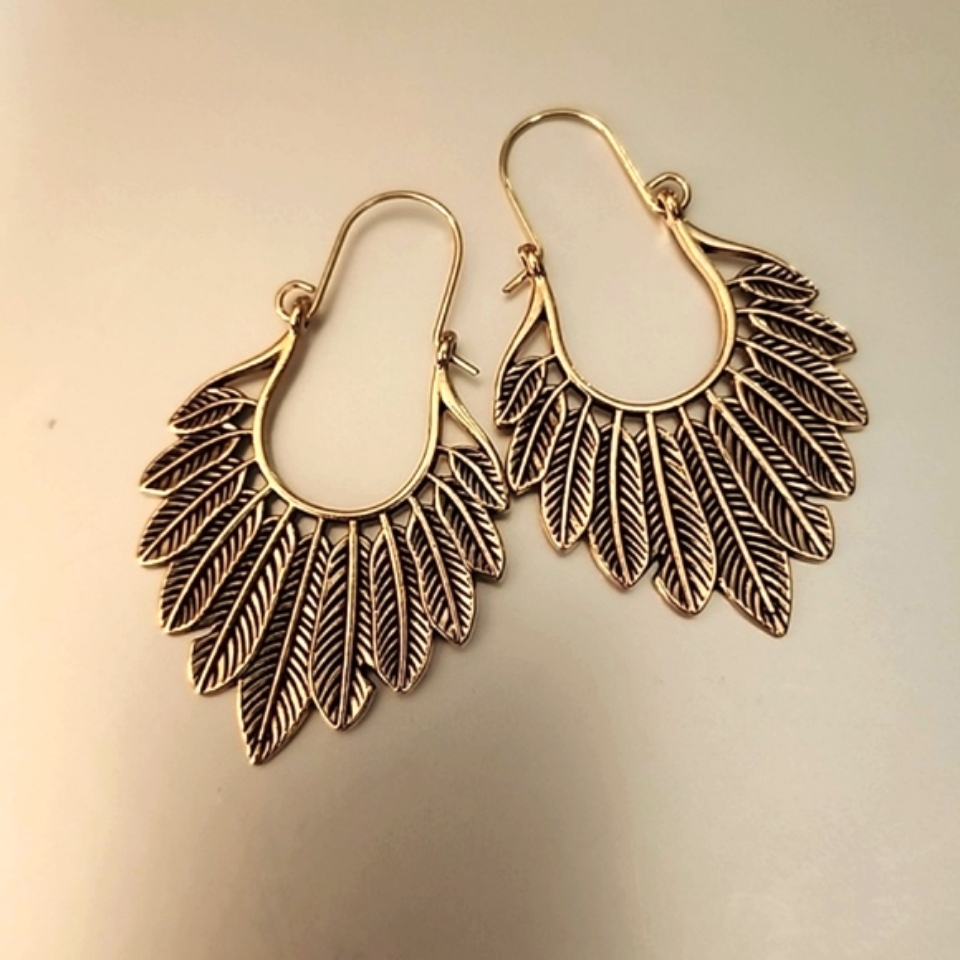 Feather Boho Antique Gold Finish Earrings 10$